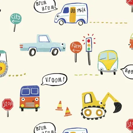 Quilting Fabric - Vehicles on Cream from Vroom Vroom by Quilting Treasures 30827-E