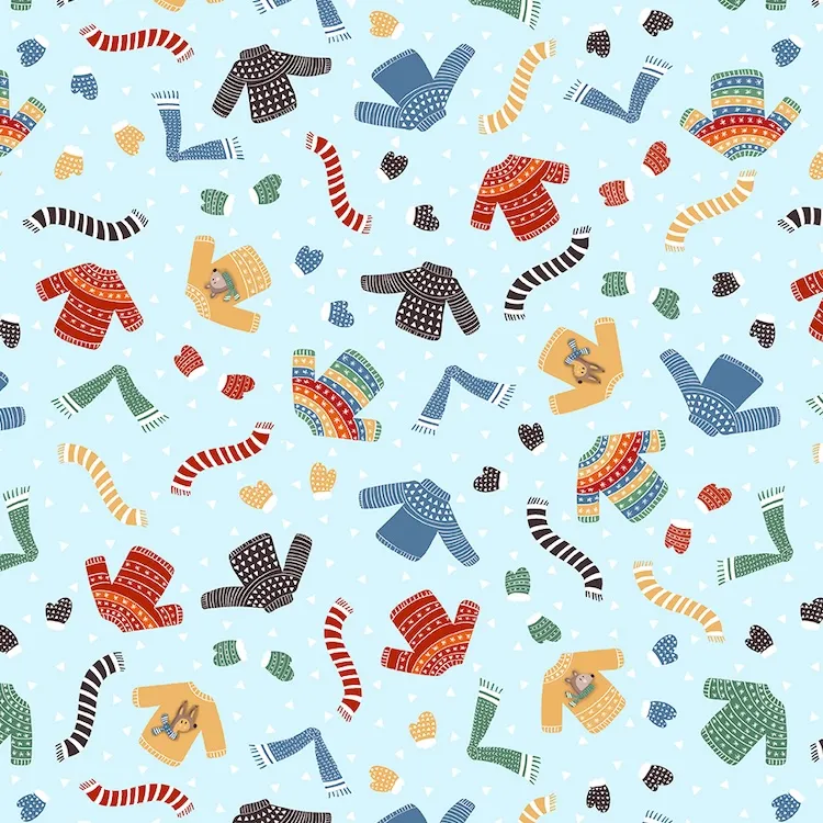 Quilting Fabric - Sweaters and Scarves on Blue from Winter Forest Friends by Yupcats for Quilting Treasures 31037 B