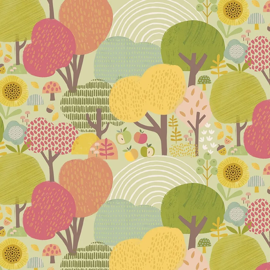 Quilting Fabric - Tree Landscape on Pale Green from Autumn Smiles by Sunny Spot Studio for Quilting Treasures 31055 X