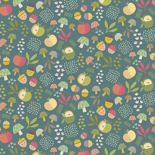 Quilting Fabric - Apples and Acorns on Teal Green from Autumn Smiles by Sunny Spot Studio for Quilting Treasures 31058 Q