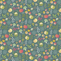 Quilting Fabric - Apples and Acorns on Teal Green from Autumn Smiles by Sunny Spot Studio for Quilting Treasures 31058 Q