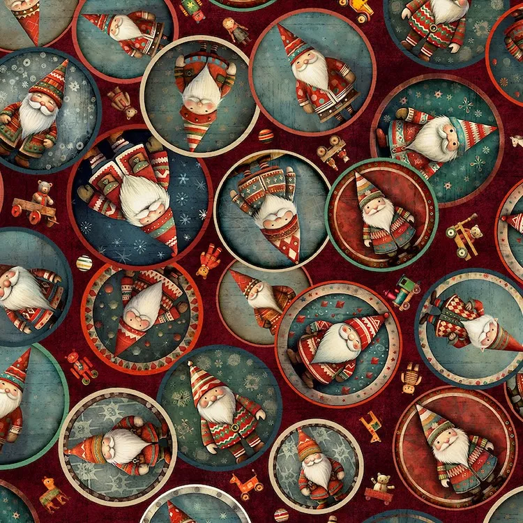 Quilting Fabric - Christmas Elves on Brick Red from Santa's Workshop by Morris Creative Group for Quilting Treasures 31074 M