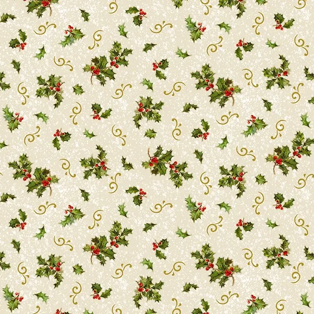 Quilting Fabric - Holly Sprigs on Cream from Poinsettia Greetings by Tina Higgins for Quilting Treasures 31084 E