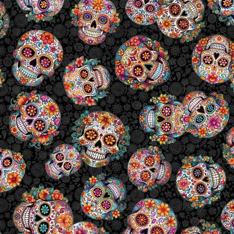 Quilting Fabric - Sugar Skulls on Black from Skullduggery by Morris Creative Group for Quilting Treasures 31141 J