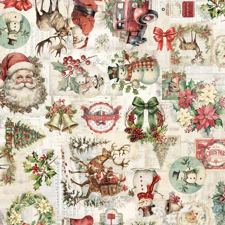 Quilting Fabric - Christmas Collage on Cream from Holly Jolly by Morris Creative Group for Quilting Treasures 31160 E