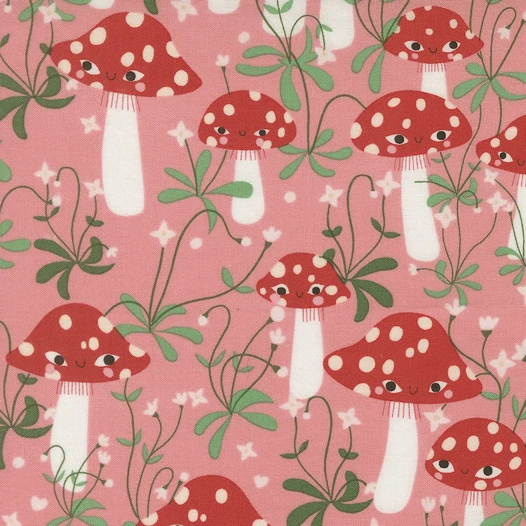 Quilting Fabric - Cute Mushrooms on Pink from Funny Valentine by Lizzy House for Moda 37141-19