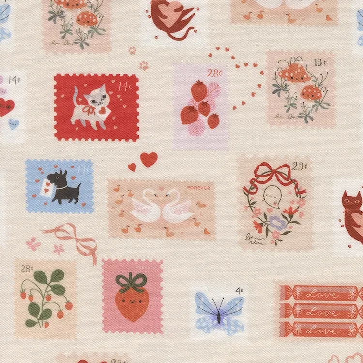 Quilting Fabric - Love Themed Stamps on Pale Pink from Funny Valentine by Lizzy House for Moda 371413-12
