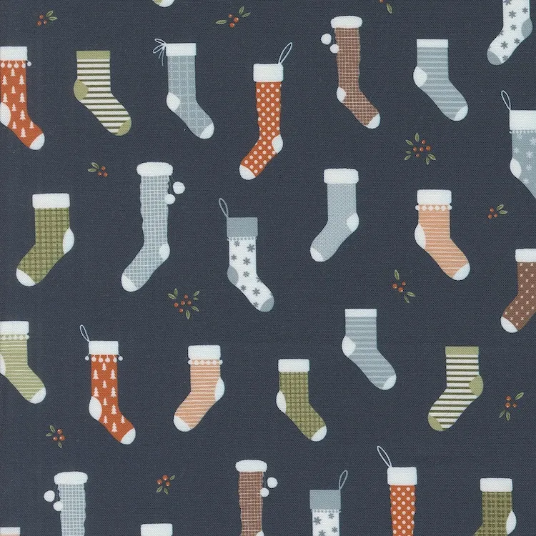 Quilting Fabric - Christmas Stockings on Navy Blue from Purrfect Christmas by Elena Amo for Moda 39041 16
