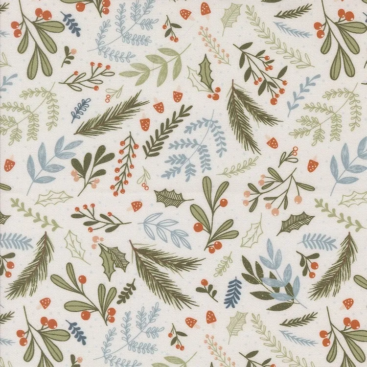 Quilting Fabric - Christmas Greenery on Pearl White from Purrfect Christmas by Elena Amo for Moda 39043 11