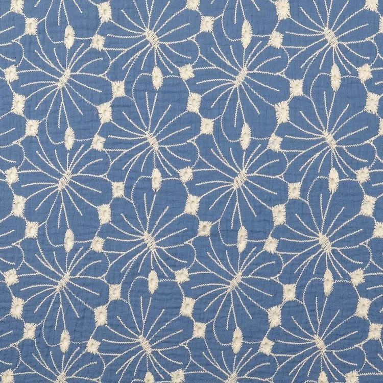 Double Gauze Cotton Fabric with Embroidered Floral Design on Jeans Blue