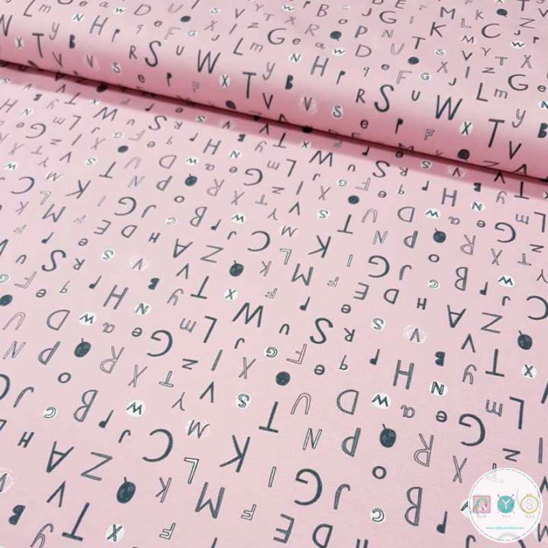 Organic Cotton Jersey Fabric - Alphabet on Pink