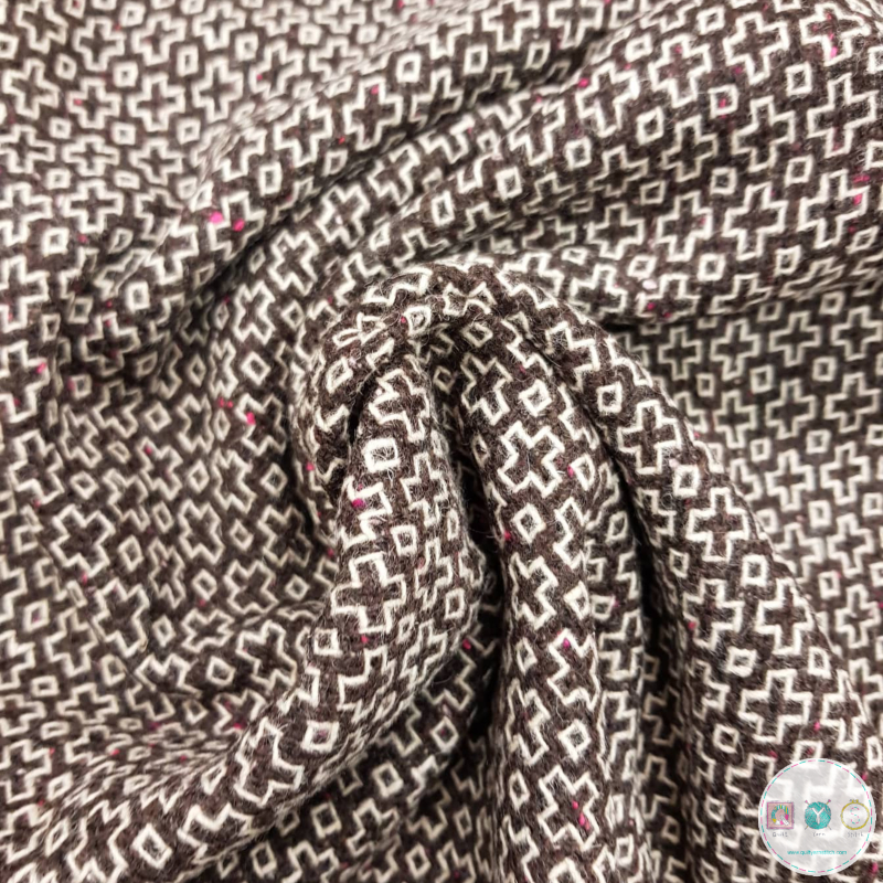 Wool Blend Coat Fabric - Woven Cross on Brown