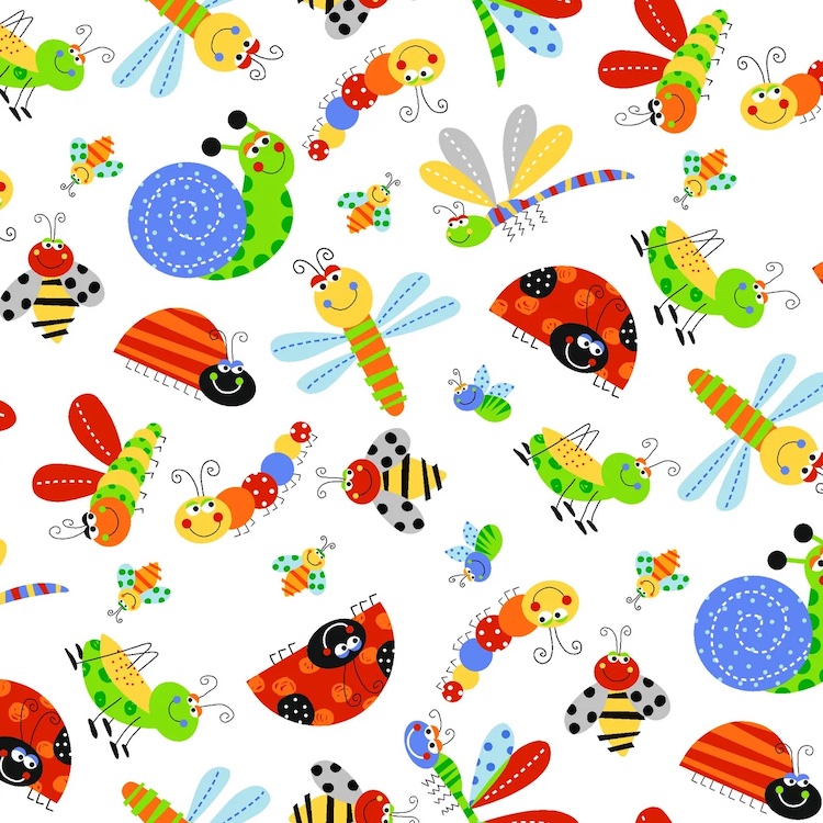 Cotton Flannel Fabric - Bugs on White from Fun Flannels by Oasis Fabrics 446341