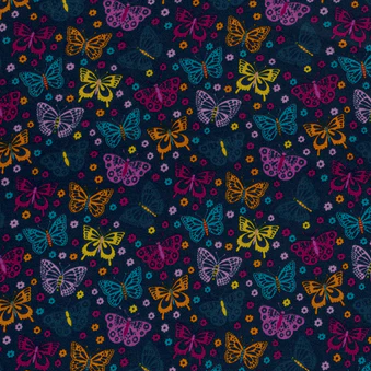 REMNANT - 0.57m - Alpen Fleece Sweatshirt Fabric with Colourful Butterflies on Teal Blue