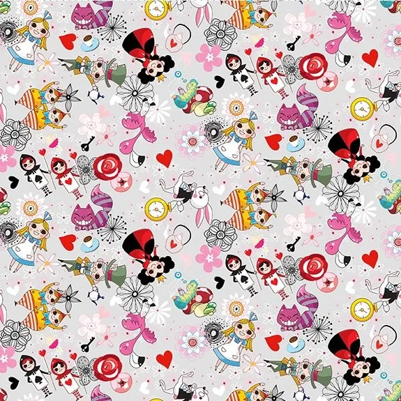 Quilting Fabric - Alice in Wonderland Characters on Pale Grey from Alice by In The Beginning Fabrics 4AL-1 