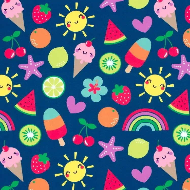 SPF 50 Swimwear Recycled Fabric with Cute Summer Motifs on French Navy Blue