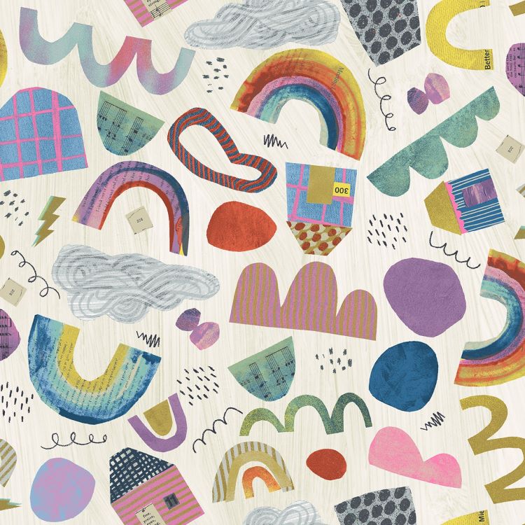 Quilting Fabric - Rainbows and Houses Collage on Off White from Happy by Carrie Bloomston for Windham 53121-1 