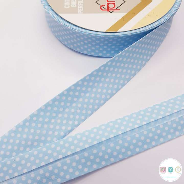 Bias Binding White Dots on Baby Blue Col. 15 - 30mm Wide by Fany