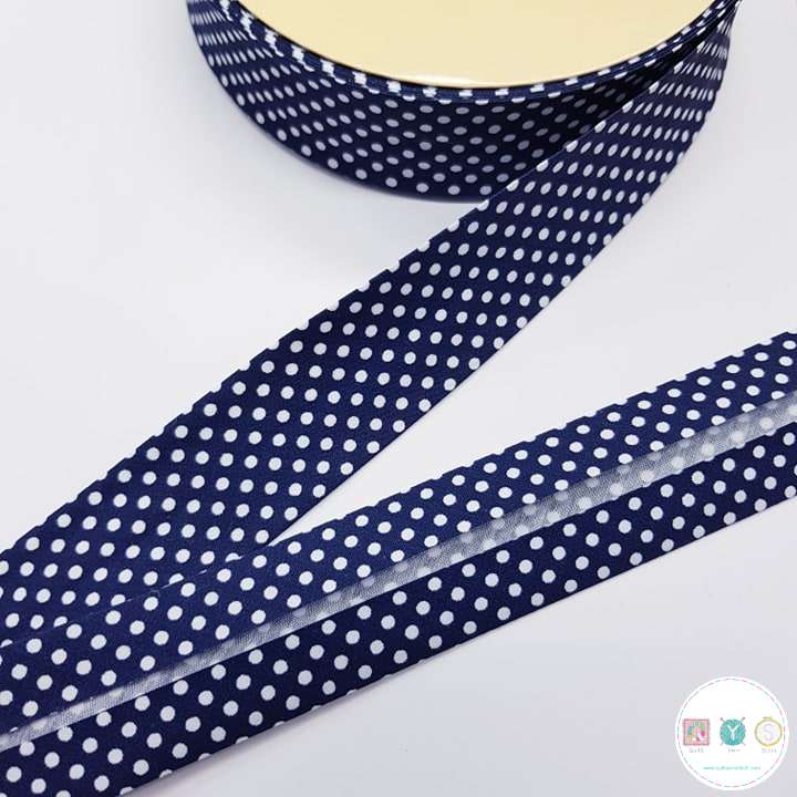 Bias Binding White Dots on Navy - 30mm Wide by Fany