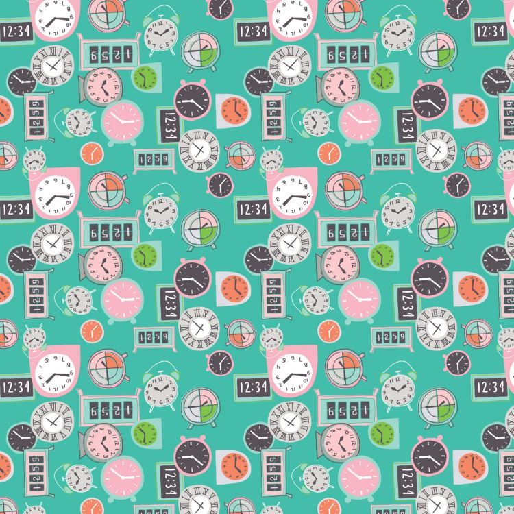 Quilting Fabric - Clocks on Turquoise from Home Office by Heather Rosas for Camelot 61200103-02 