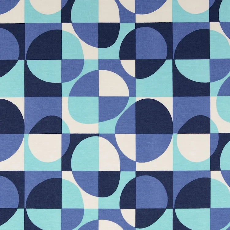 French Terry Cotton Fabric with Geometric Circle Pattern in Blues