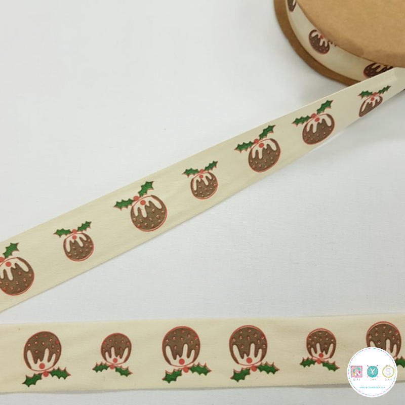 25mm Cotton Tape with Christmas Puddings