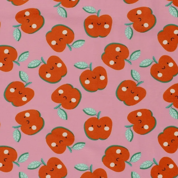 Cotton Jersey Fabric with Apples on Pink 
