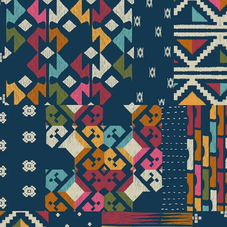Cotton Canvas Fabric - Abstract Boho Design on Bright Navy Blue from Richloom Fabrics