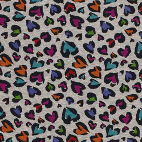 Alpen Fleece Sweatshirt Fabric with Colourful Leopard Print Hearts on a Grey Ecru Melange