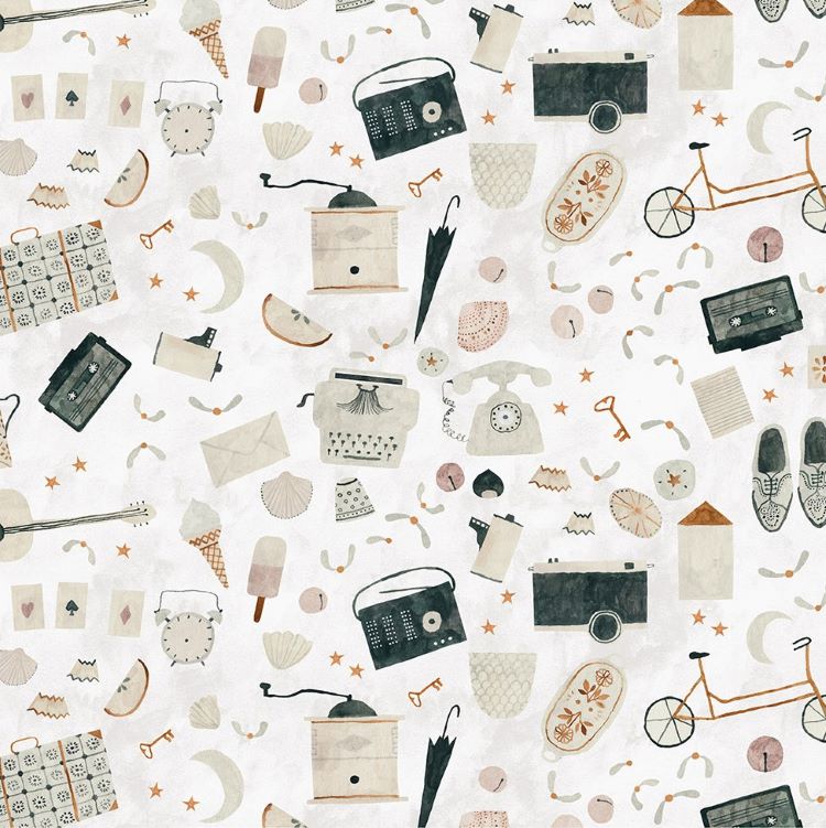 Quilting Fabric - Objects on White from Memories by Cecile Metzger for Figo 90389-10