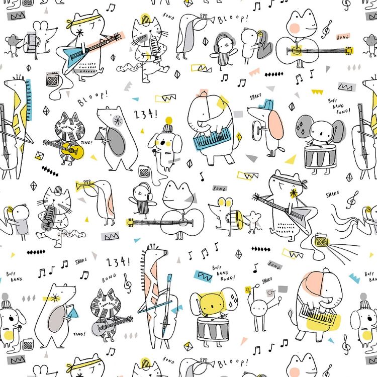 Quilting Fabric - Marching Band Animals on White from Band Practice by Carly Gledhill for Figo 90423-10