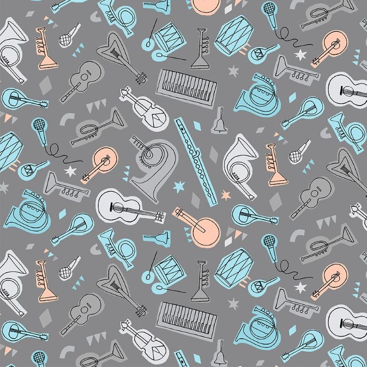 Quilting Fabric - Instruments on Grey from Band Practice by Carly Gledhill for Figo 90425-95