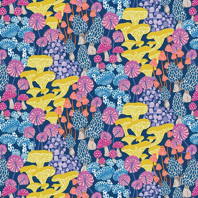 Quilting Fabric - Mushrooms on Blue from Magic Garden by Josephine Kimberling for Figo 90710-45