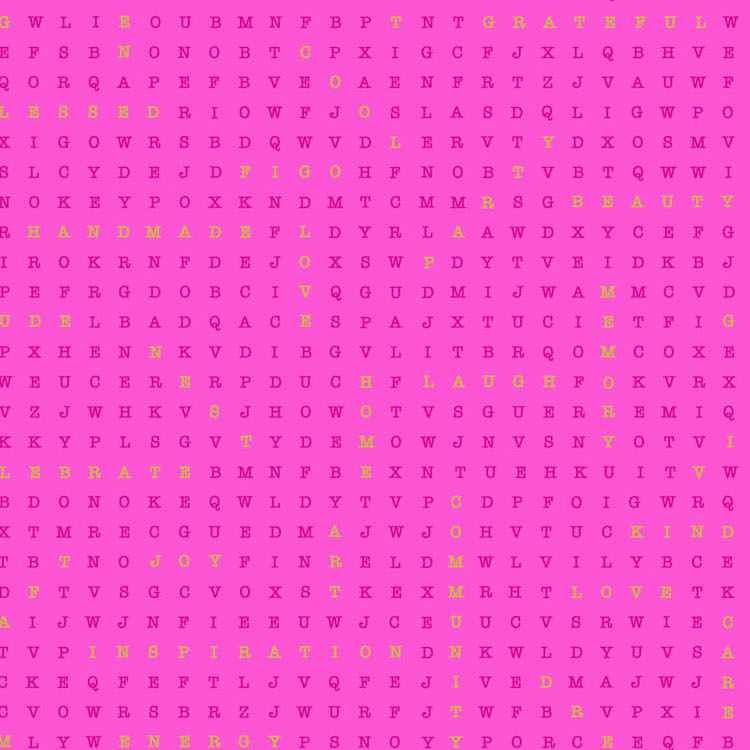 Quilting Fabric - Crossword Style Text with Metallic Accents on Cerise Pink from Party Time by Ghazal Razavi for Figo 90828M-21
