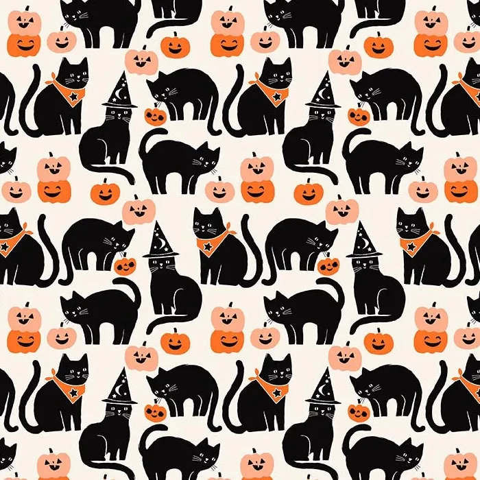 Quilting Fabric - Glow in the Dark Halloween Cats on White from Sweet Treats by Jillian Phillips for Figo 91256G-99
