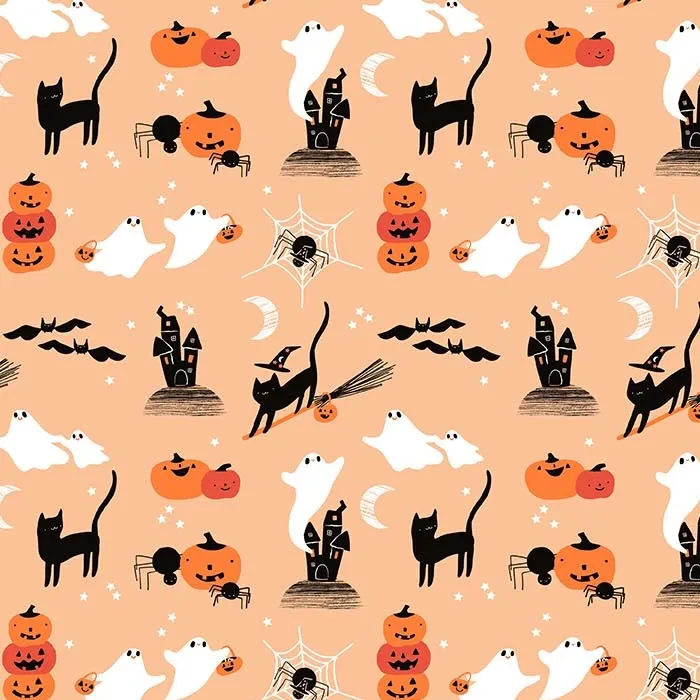 Quilting Fabric - Glow in the Dark Pumpkins and Ghosts on Peach from Sweet Treats by Jillian Phillips for Figo 91260G-56