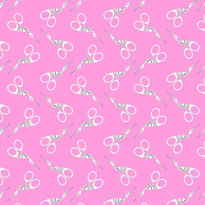 Quilting Fabric - Stork Scissors on Pink from Bits and Bobs by Sarah Hearts for Figo 91270-21