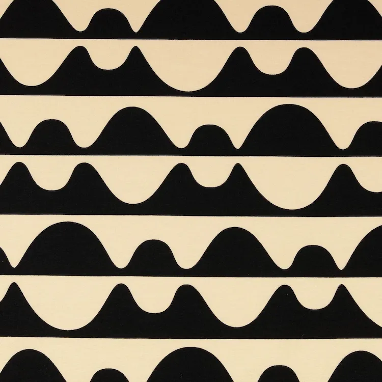 French Terry Cotton Fabric with Large Wavy Stripes in Black and Ecru