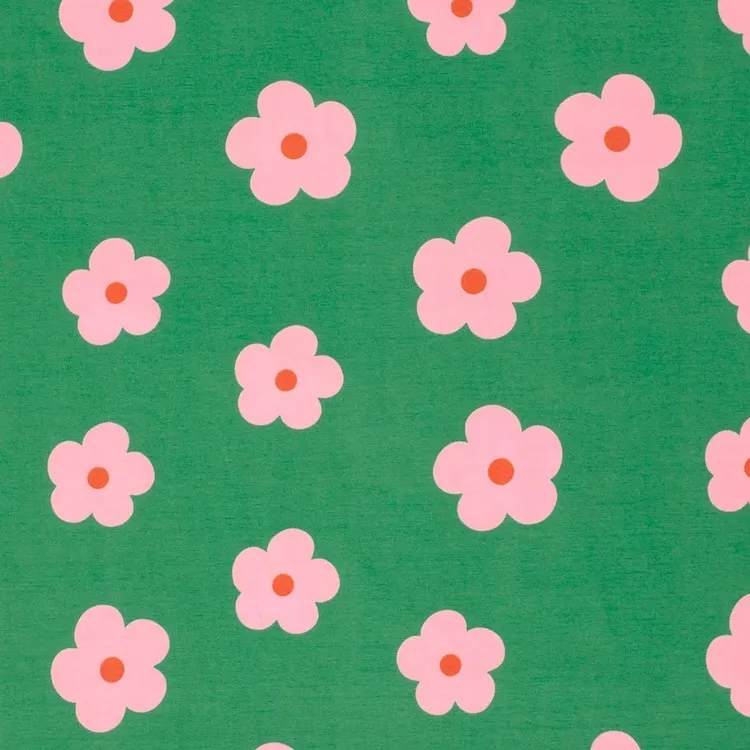 Cotton Jersey Fabric with Pink Flowers on Green 