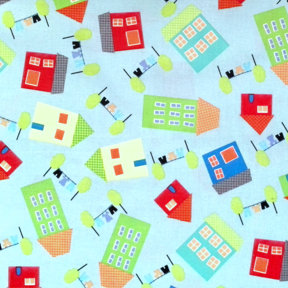 Quilting Fabric - Tossed Houses on Blue from In Your Neighbourhood by Jamie Wood for Clothworks