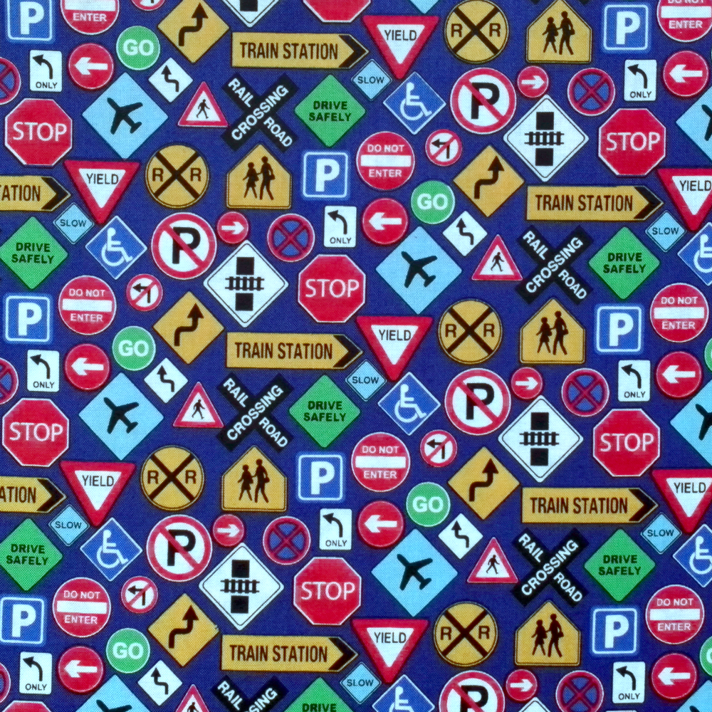 Quilting Fabric - Road Traffic Signs on Blue from Connector Playmats by Deborah Edwards for Northcott 21144