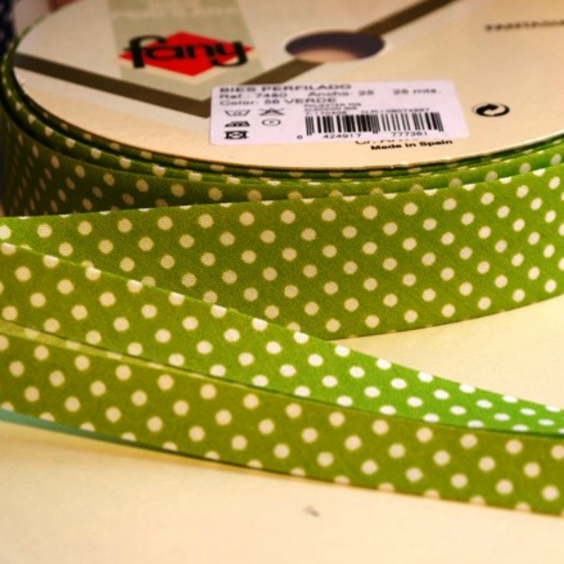 Bias Binding White Dots on Lime Green Col. 56 - 30mm Wide by Fany