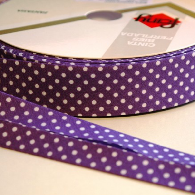 Bias Binding White Dots on Purple - 30mm Wide by Fany