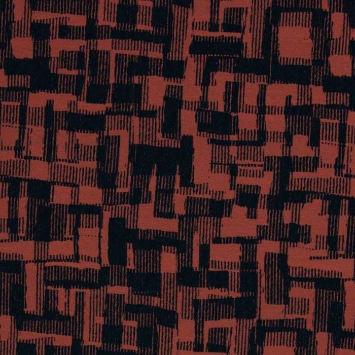 French Terry Fabric with Abstract Black Lines On Red 