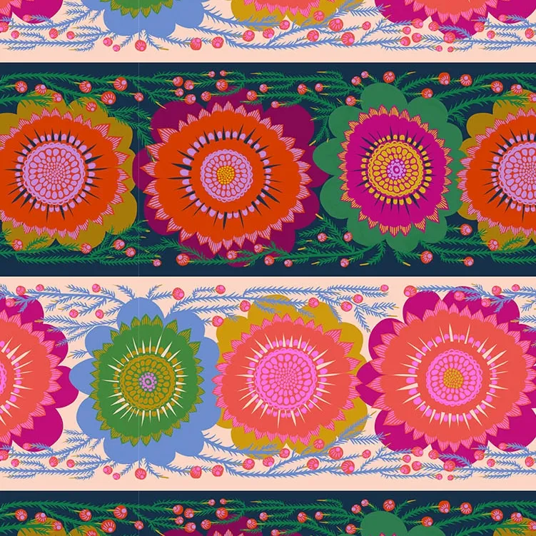 Quilting Fabric - Floral Stripes on Pink and Black from Perennial Borders by Anna Maria Textiles AMT135-86C