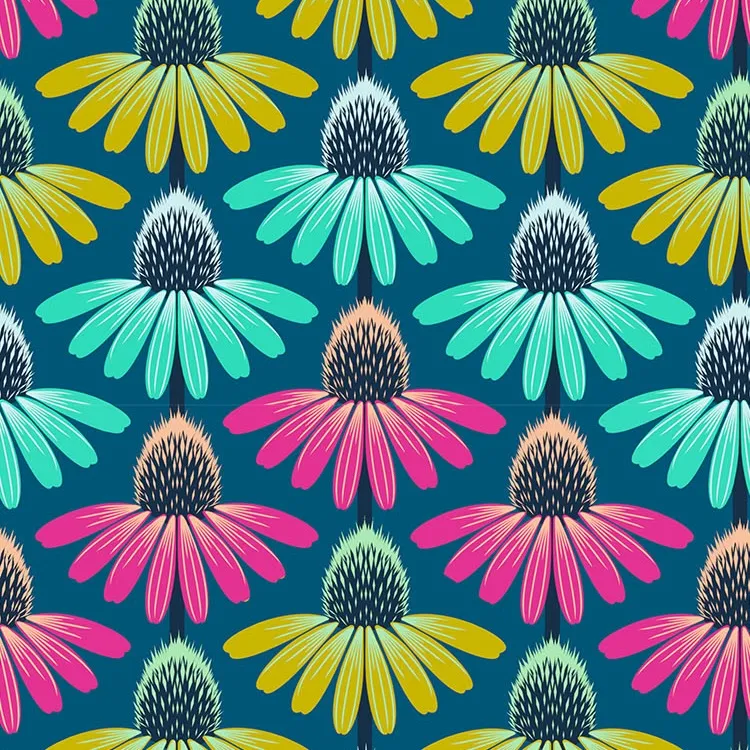 Quilting Fabric - Echinacea on Teal Blue from Perennial Borders by Anna Maria Textiles AMT136-86C