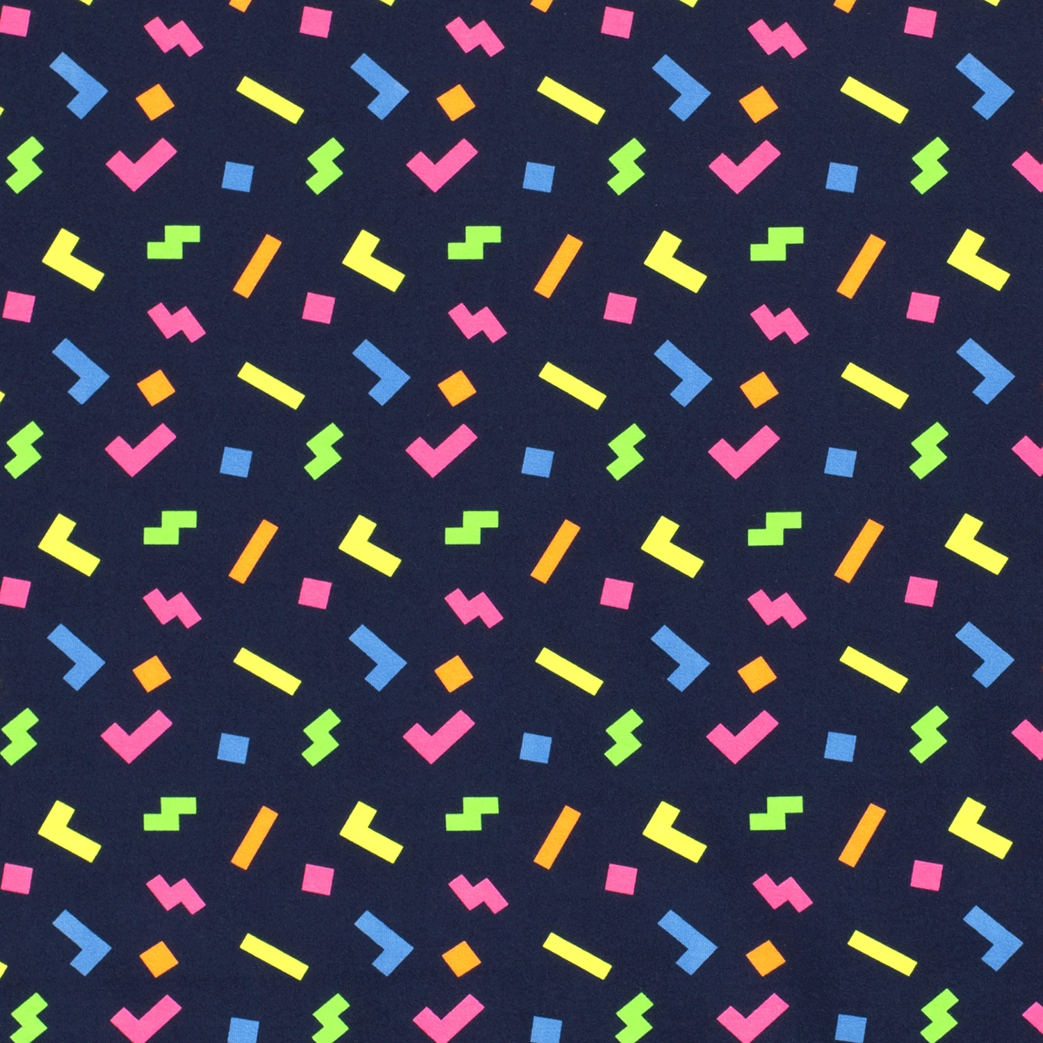 Cotton Jersey Fabric with Neon Shapes on Navy Blue