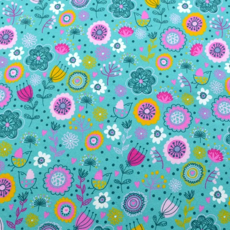 Brushed Cotton Sweatshirt Fabric with Modern Flowers and Birds on Turquoise Blue