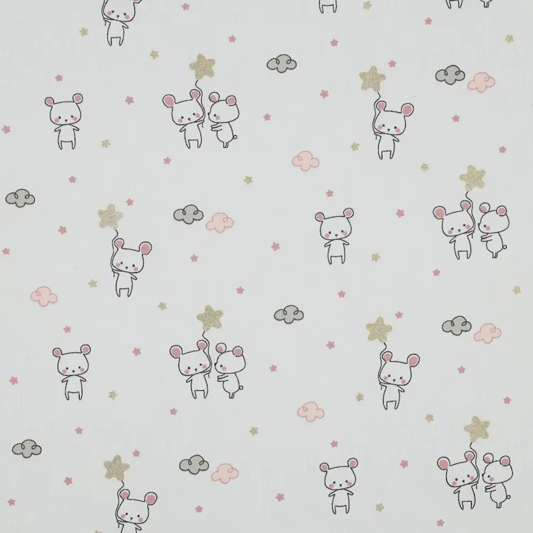 Cotton Poplin Fabric with Mice on White with Glitter Accents