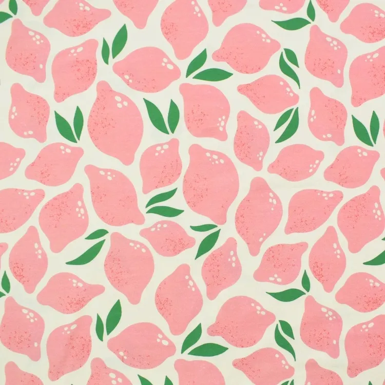 Organic Cotton Jersey with Pink Lemons on Off White